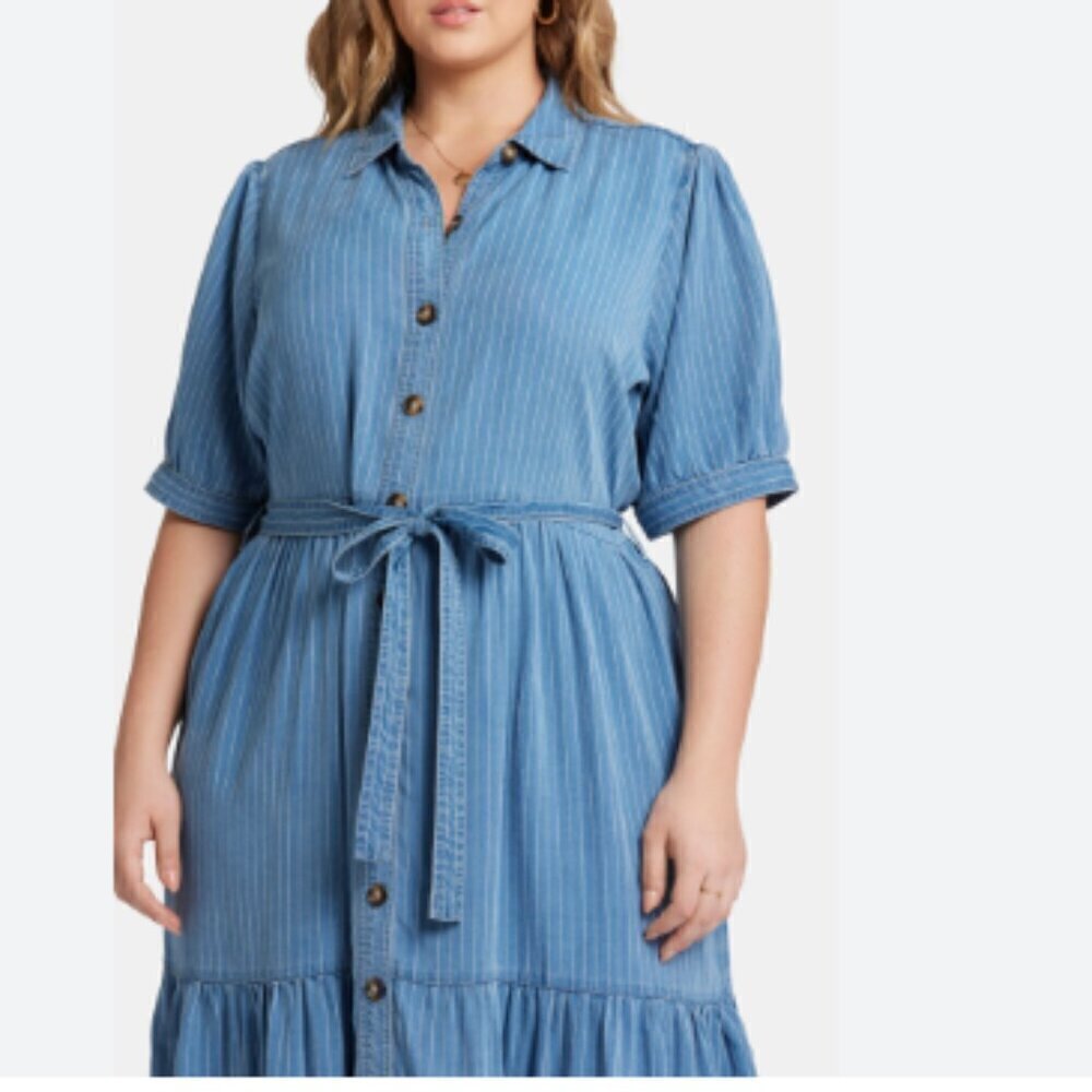 NWOT NYDJ Kate Puff Sleeve Ruffle Denim Midi Shirtdress Light Marine - Picture 3 of 10